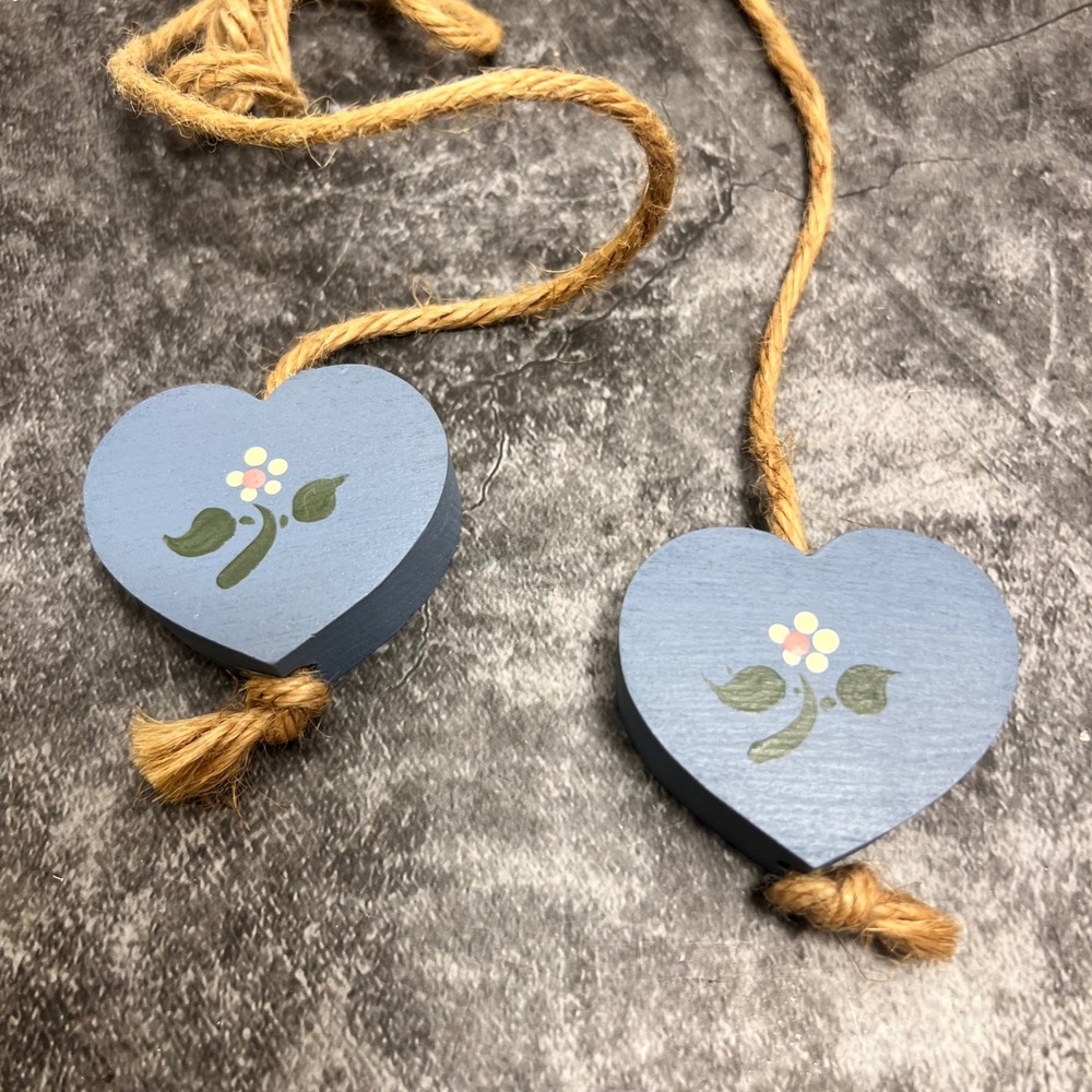Vintage Hand-Painted Blue Wooden Hearts On Jute Cord | Cottage